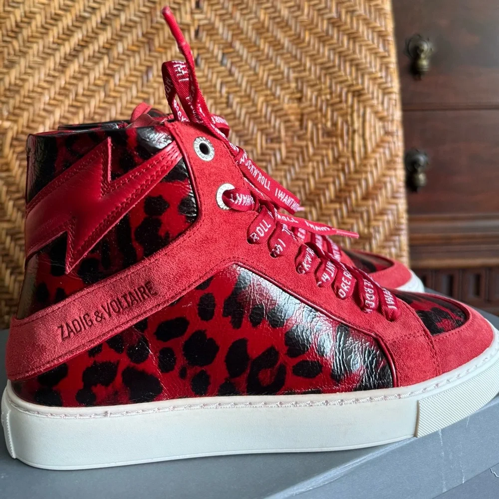 NIB Zadig & Voltaire High Flash Red Leopard Print High Top Sneakers - Picture 2 of 8